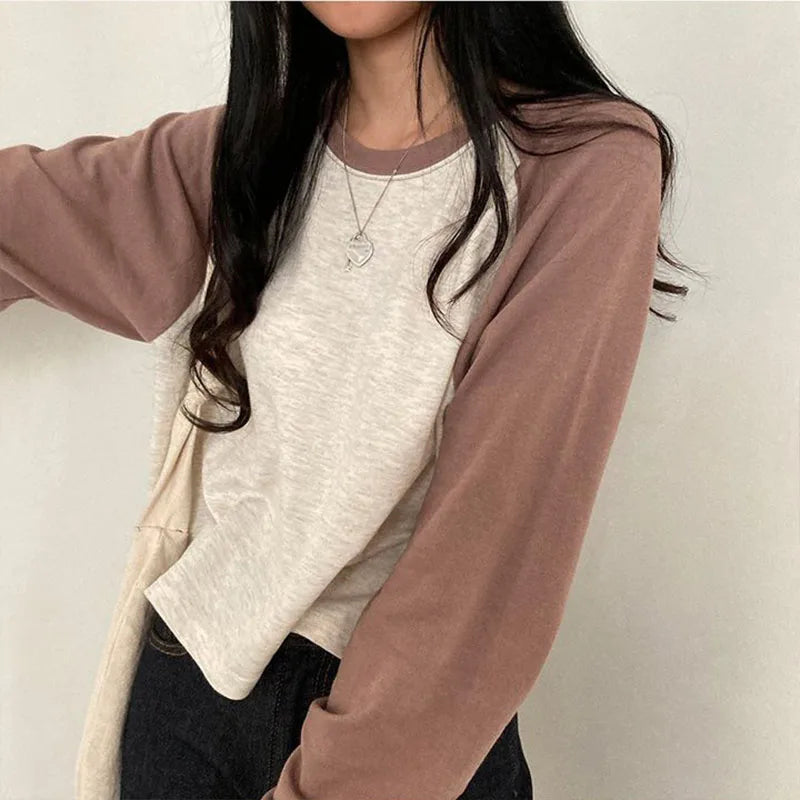 Women Spring Cotton Version Patchwork Tops Long Sleeve Sweet Loose Korean Style Leisure All-match Students