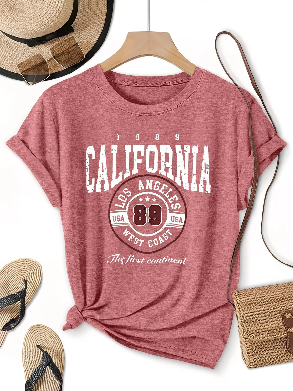 Crew Neck Short Sleeve Retro American Style California Los Angeles 89 Letter Print T Shirt Women's Outfits Casual Streetwear