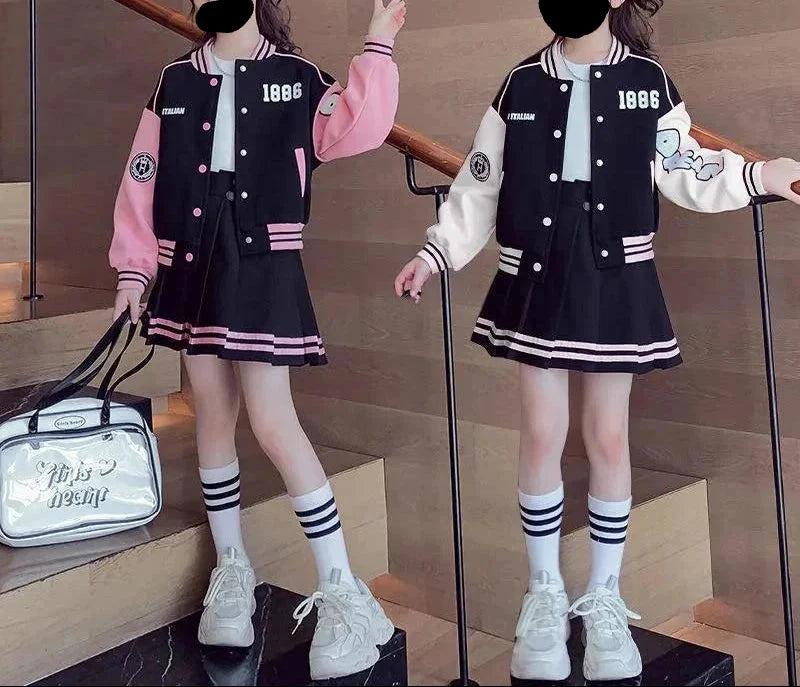 2 pcs Spring Autumn Kids Baseball Sports Suit Children Jacket Pleated Skirt