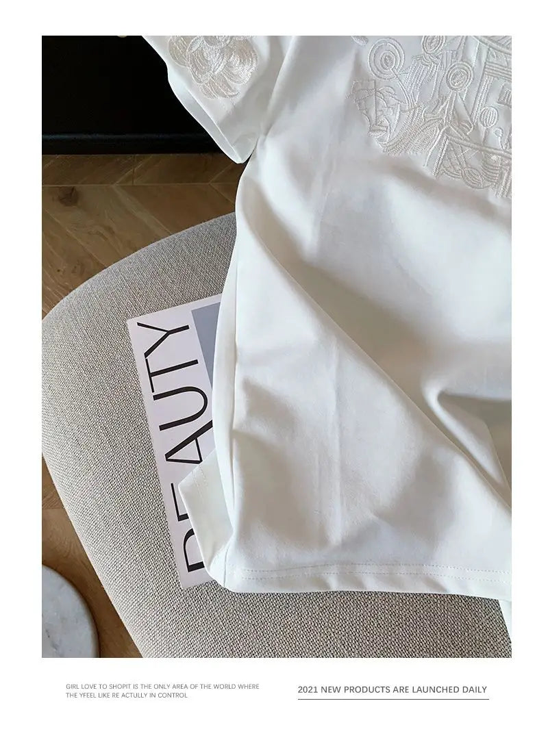 Women Clothing Summer Fashion Vintage Embroidery White Cotton Basic T Shirt Female Simple Casual O Neck Short Sleeve Loose Tops