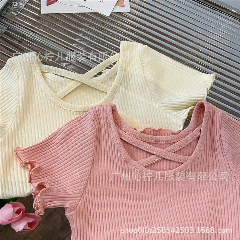 Children Short Sleeved Thin Soft Tops Simple Solid Color Casual Kids