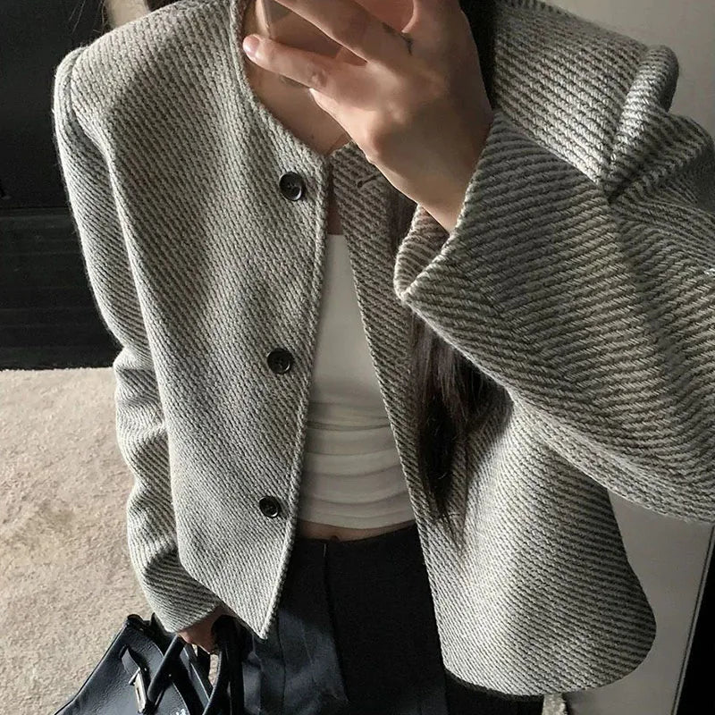 Fashion Short Jacket Women Single-Breasted Long Sleeve Tweed Outerwear