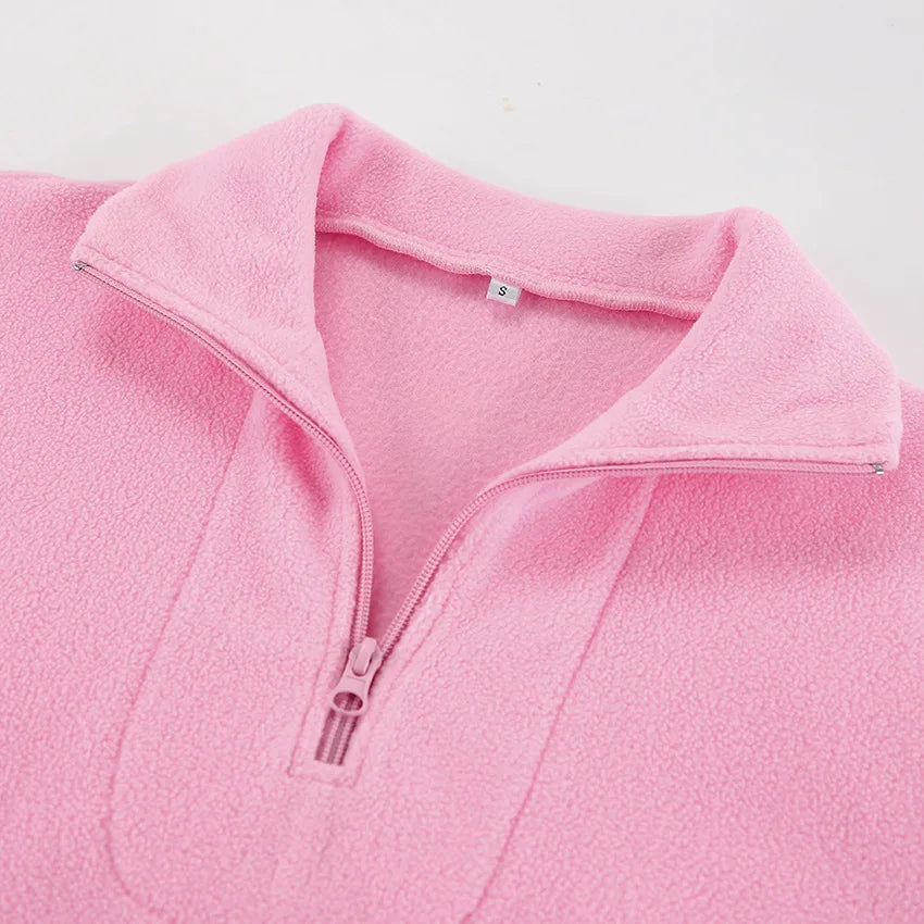 Women Autumn Winter Fleece Hoodies Elegant Stand Collar Zipper Loose Sweatshirt Elegant Solid Pullover Casual Top Streetwear