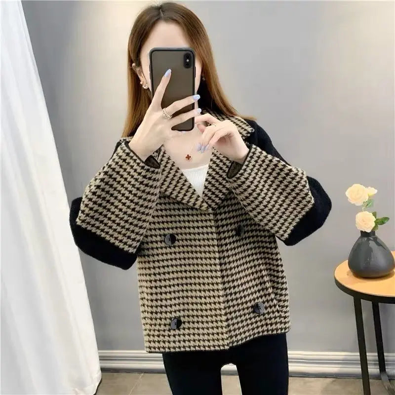 Check Short Wool & Blends Jacket for Women Blazer Coats Woman Elegant Cold Outdoor