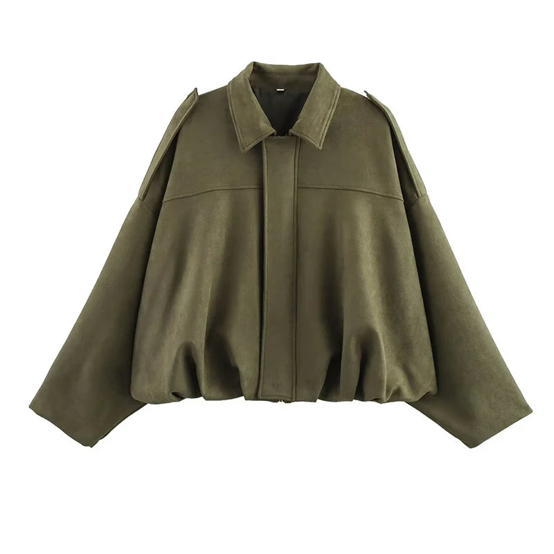 Women Suede Textured Jacket Long Sleeve Lapel Collar Loose Coats Casual Female Outerwear Chic Tops